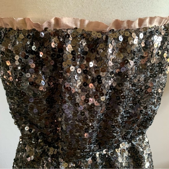 DKNY Neutral Color Sequins Strapless Dress With Ruffles Across Chest and At Hem - Picture 9 of 15